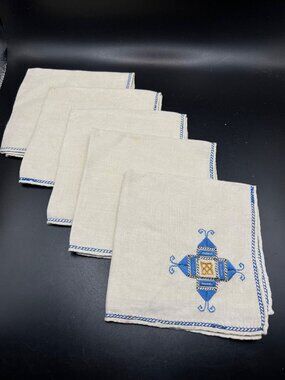 Set Of 5 Vintage Linen Cocktail Napkins Blue Embroidery Geometric MCM VTG edged